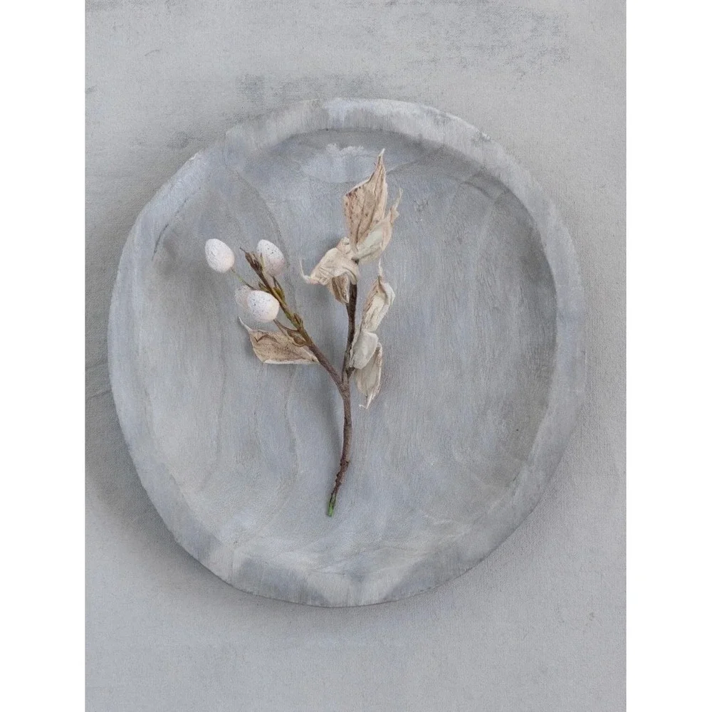 12.5 Inch Round Decorative Paulownia Wood Tray Grey Washed Rustic Farmhouse‎